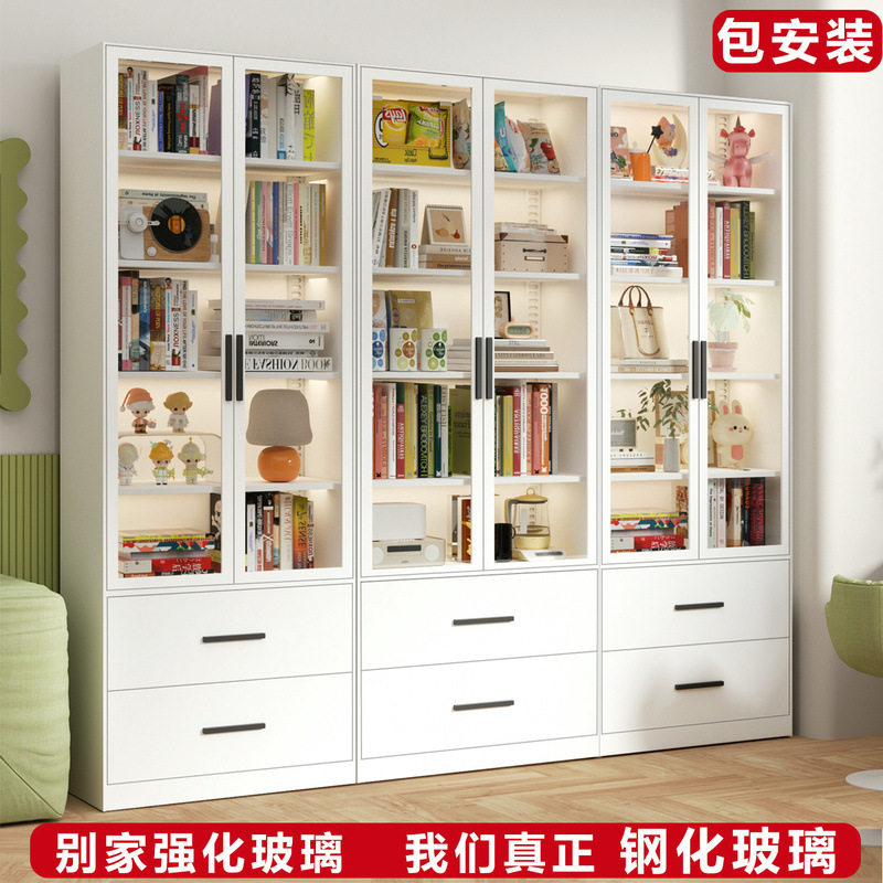 钢制书柜带玻璃门家用客厅玩具收纳柜防尘置物儿童铁艺书架展示柜