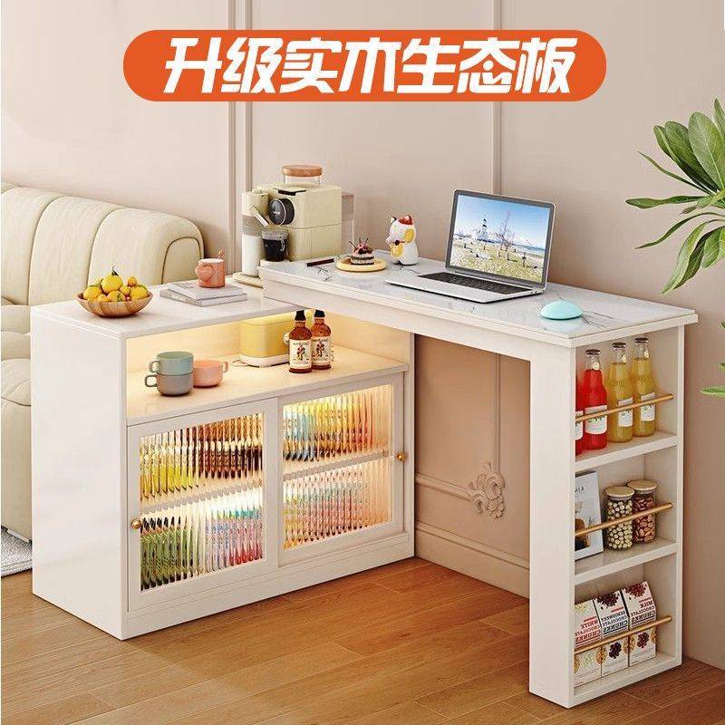 实木吧台桌子家用酒柜隔断客厅现代岩板餐边柜一体小型伸缩中岛台