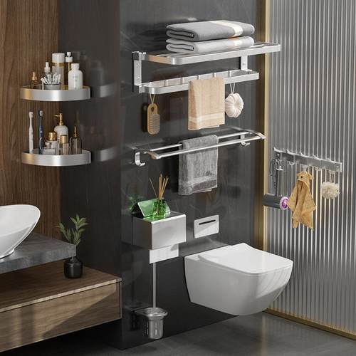 免层打孔卫挂生间毛巾置物架壁浴室双太空铝折叠洗间浴巾手953架