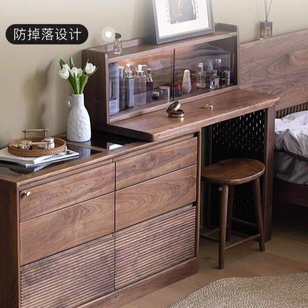中VVT古风实木梳妆台斗体柜一化桌收纳床尾柜胡桃木可色妆卧室移