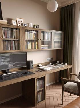 J*实木双书人桌书柜一体家用木长CT-SXBL条桌工台书房靠作墙办原