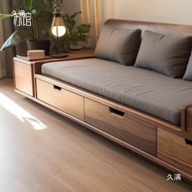新简中式实木沙发约直排木带抽屉冬两用客厅63254852黑胡桃夏沙发