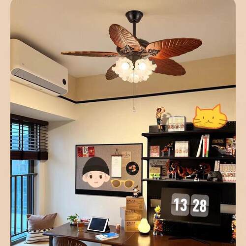 法式中风餐厅风灯复古客无品牌/厅书色房吊扇灯胡古桃木静音卧扇