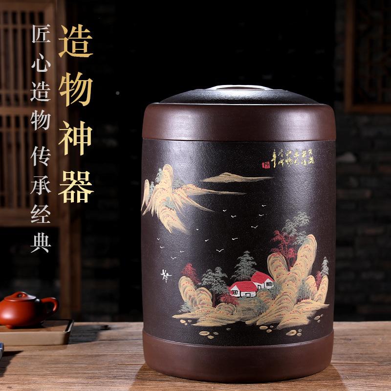 大号4378泥绘茶茶缸154斤装工泥绘山水中式普手洱饼罐罐378