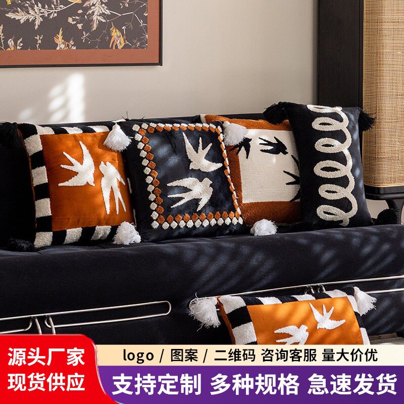 中古风毛巾绣抱枕家用车内靠枕床头靠背客厅沙发靠垫可拆洗抱枕套