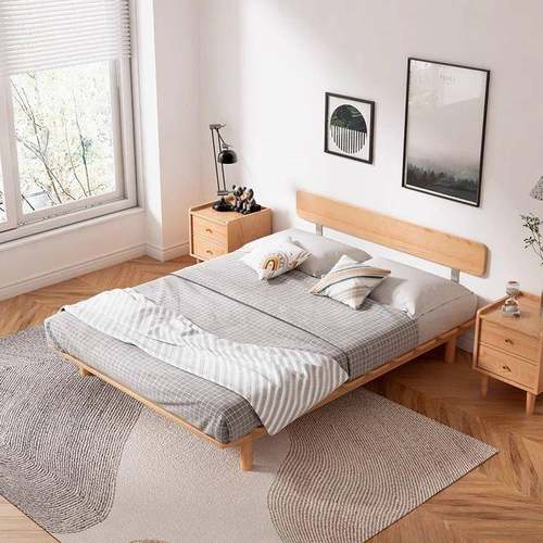 木床现代简约榉木VUV单人床实日床式小户型省空间主卧双人床床架