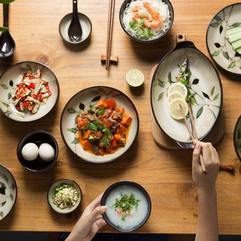 日式碗碟装1家用简约2人组0个套碗盘子合复古窑变釉下彩陶瓷竹叶1