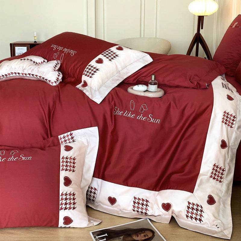 5V公主风婚Z庆棉四件套100支长纯棉红色FM6JM5结婚刺绣床上被绒套