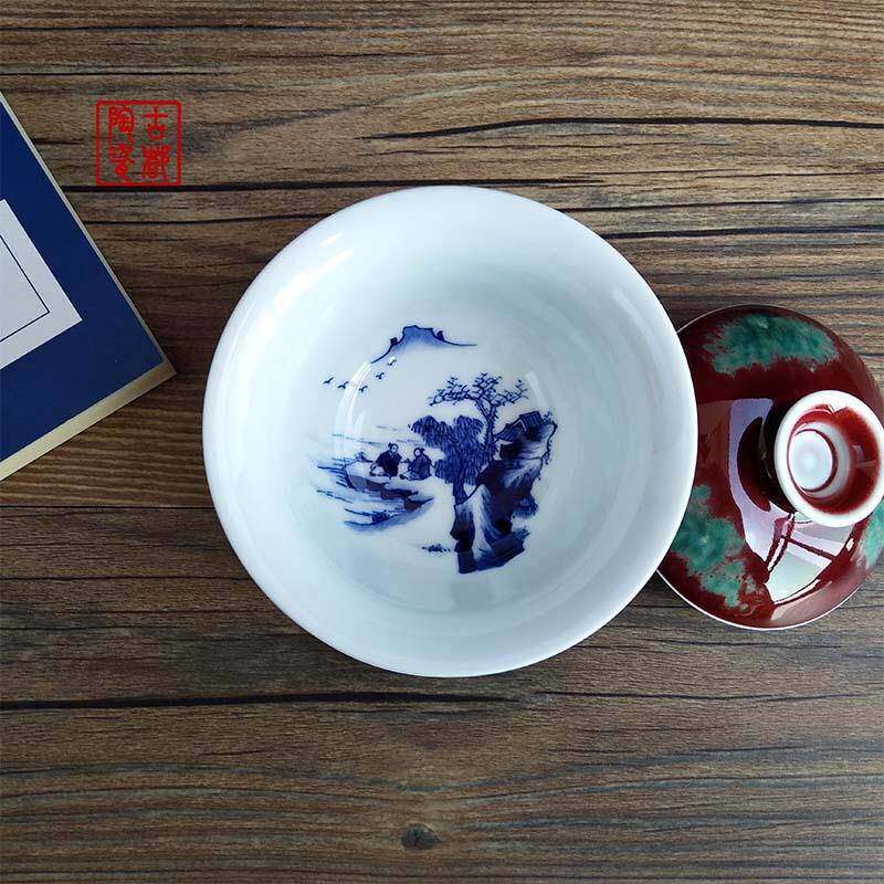 碗手工陶瓷红茶具茶三才盖碗单个美人醉豇豆手仿古如图绘山水