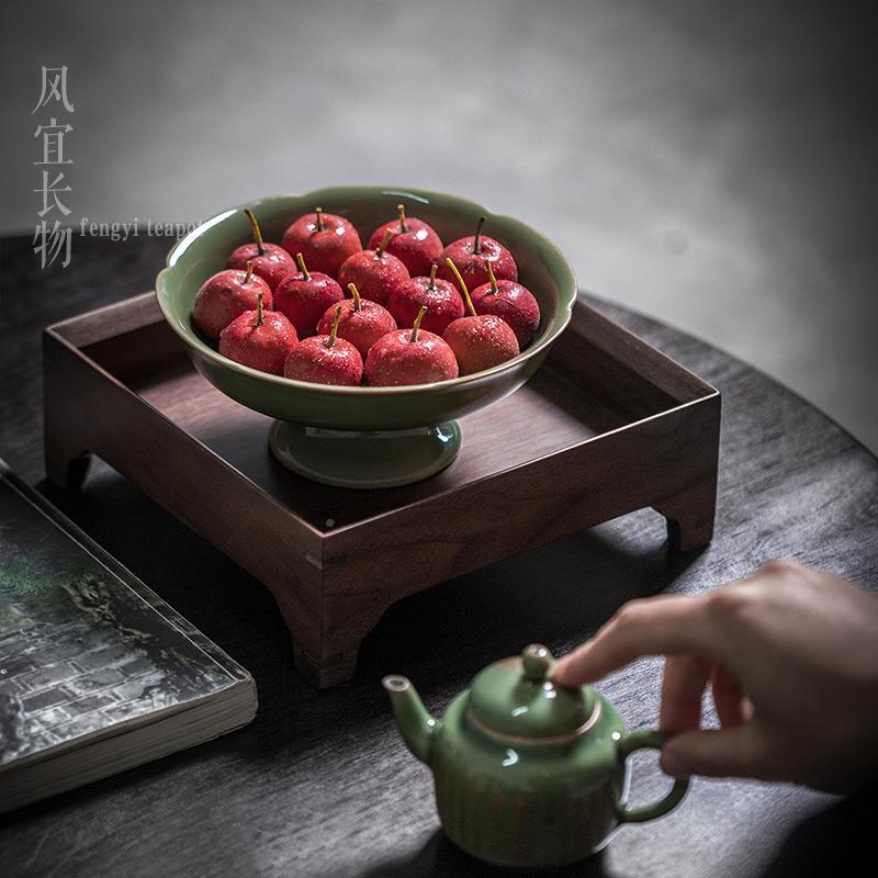 宜长盘物梅子青中式高风脚茶点盘陶瓷手工家DCGF-QCC用点心高足干
