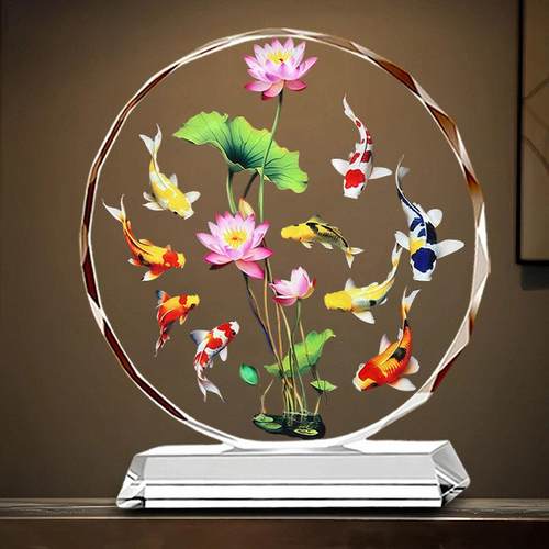 九鱼图连年有余余水晶摆饰家居装饰品乔迁开业客厅玄关荷花鲤鱼摆