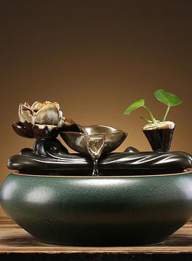 新中式招财流饰水陶瓷小型桌面客厅茶桌办GMO公室装摆品循环水件