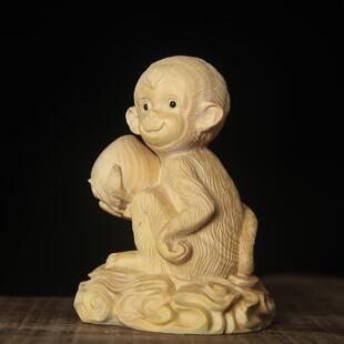木小4841装叶黄杨木刻灵猴雕献寿小摆件实家居饰生肖猴子工艺品把