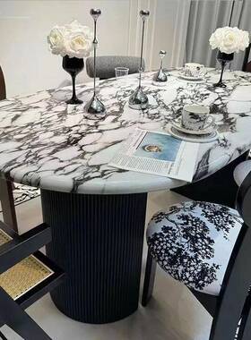 法式理简石大餐桌组合复古椭圆小户型约家用AVH现代轻饭奢桌椭圆