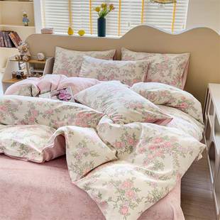 可爱全棉四件如约套小清新纯棉宿舍床卡品纹被套床单人床上条三通