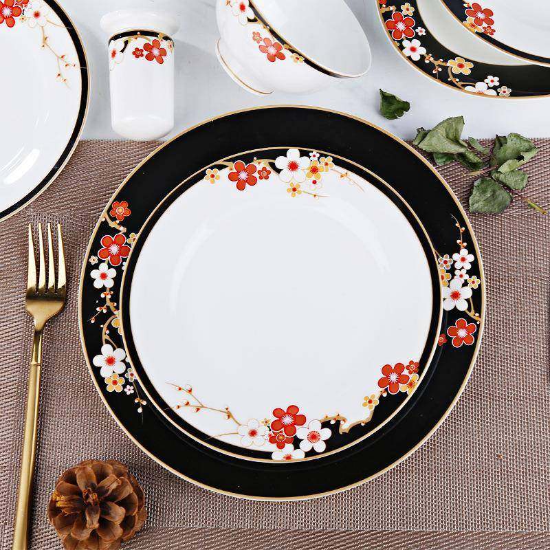 思诗情画意佰得情意56件骨瓷餐具边诗碗碟套装家画用馈赠搬家盘黑,餐饮具,碗,淘宝优惠券,粉丝福利购,淘宝优惠卷