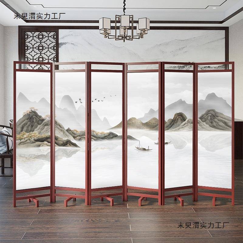 新中式屏风隔断客厅实木折叠动代办四扇公移室山水简约玄现遮挡关