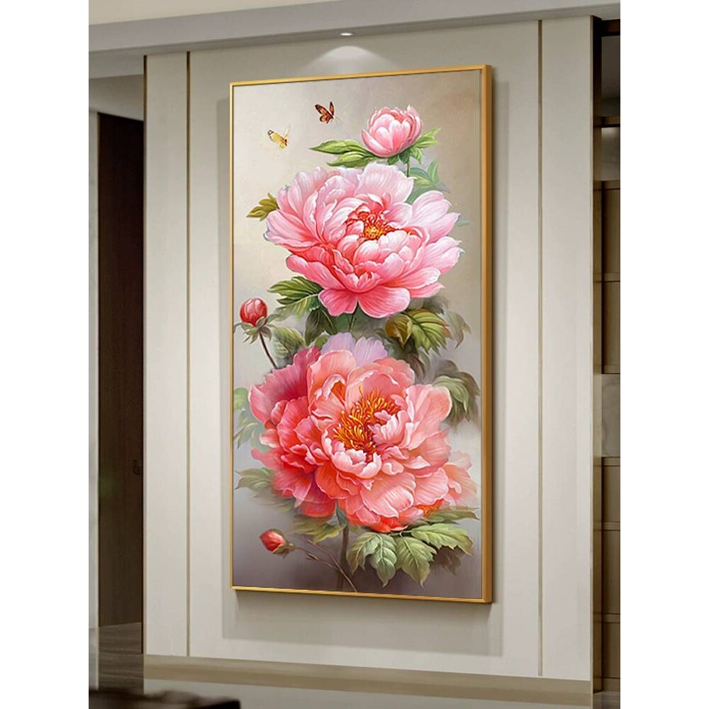 ?大芬村纯手绘油画牡丹花开富贵新中式入户玄关装饰画走廊过道壁