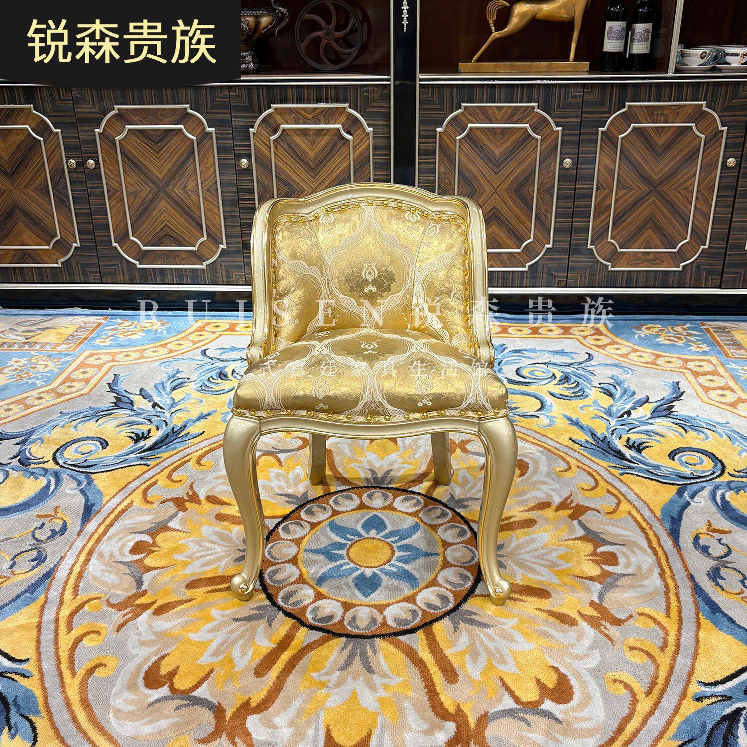法式梳妆凳欧式布艺化妆凳宫廷实木奢华金色卧室新古典绣花妆凳