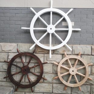 地中海实木船舵方向舵盘挂件舵墙面背景装饰复古车轮家居饰品