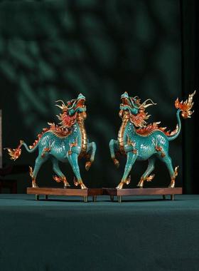 风火麒麟全黄铜工艺品摆件一对家居装饰玄关博古架摆设品乔迁礼品