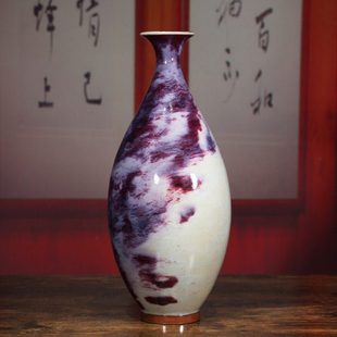 神垕原产孔家钧窑钧瓷摆件煤烧釉柳叶瓶陶瓷花瓶家居博古架装饰