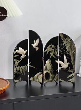 中古风淡雅意境隔断折叠移动中式茶桌桌面装饰水墨竹子小屏风摆件