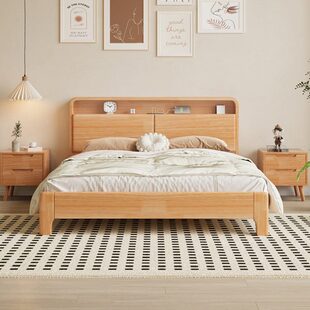北欧全实木床现代简约主卧家用双人床原木风1米8气压高箱储物大床