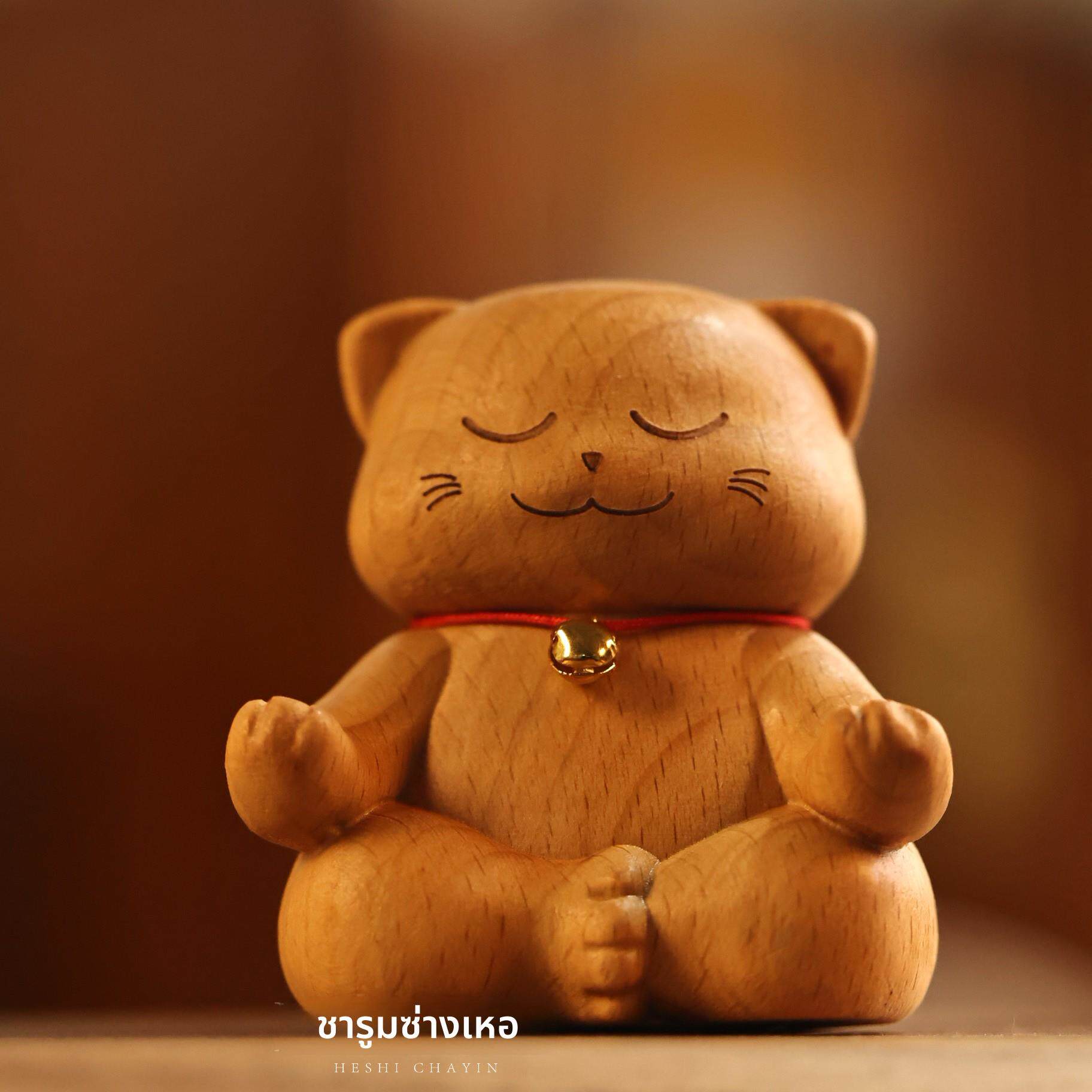 榉木打坐猫茶宠摆件实木创意礼品手把件精品解压可爱桌面小摆件