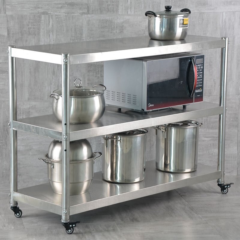 不锈钢厨房置物架落地p3多层放锅架子4微波炉收纳架储物架带轮子