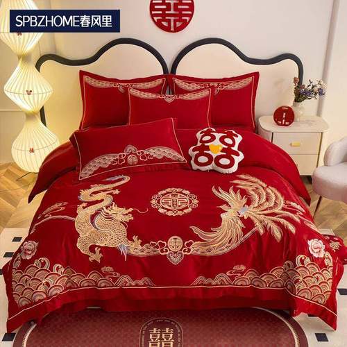 春风里用婚结庆四件套大红中式婚床pMxniJNT上婚品龙凤刺绣婚床新