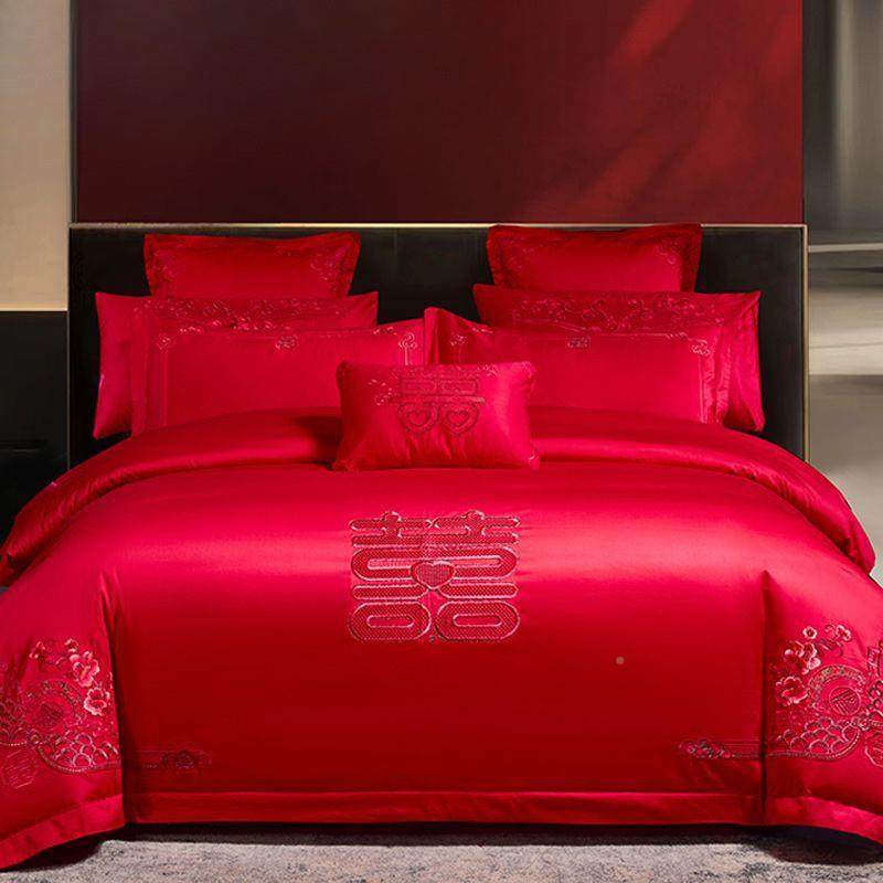 纯颜耐值高实用用高挡1OOtRZXcd6M%棉四件套婚床新婚刺绣全被套棉