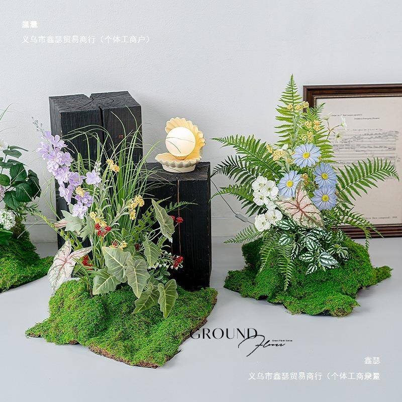 小型花绿植造景组合饰商橱窗场花丛装摆设仿生花假花景观苔绢6696