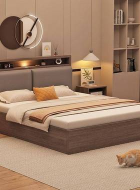 Tal实木床现代简约双人床出租房家用主卧经济型单人床架灰色软靠