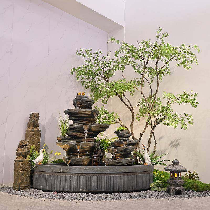 中式阳台鱼池水景花院园布置水池装饰造景假庭山OYN摆盆景户外流
