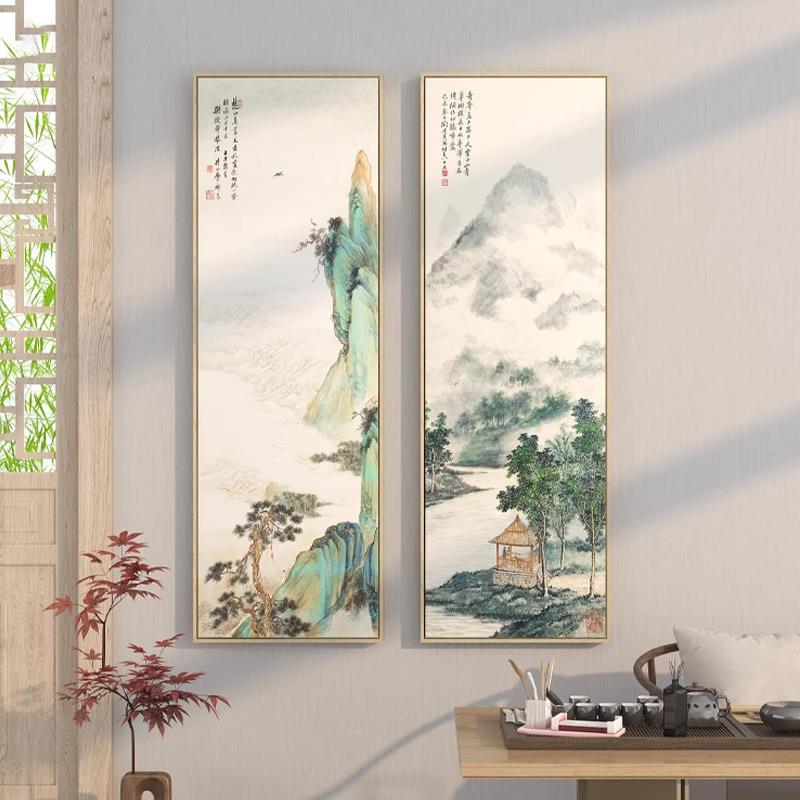 廊新中式玄WLZ关竖版长山水画挂画茶室房走过道意境山水条古代壁