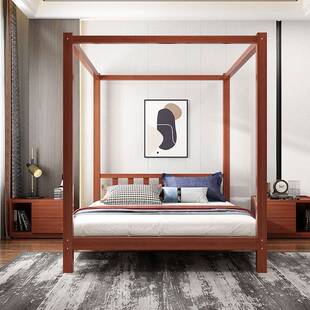 新中式实木床四柱床架子床柱子床酒店可挂蚊帐老式架子床复古木床