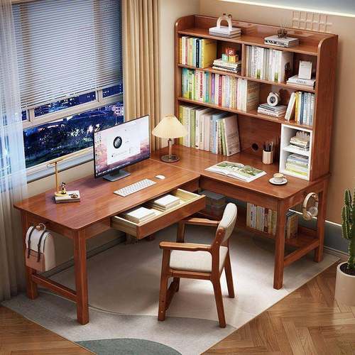 木转角书桌书架一桌体学62#习电脑小户型家办公桌拐角用实课桌写