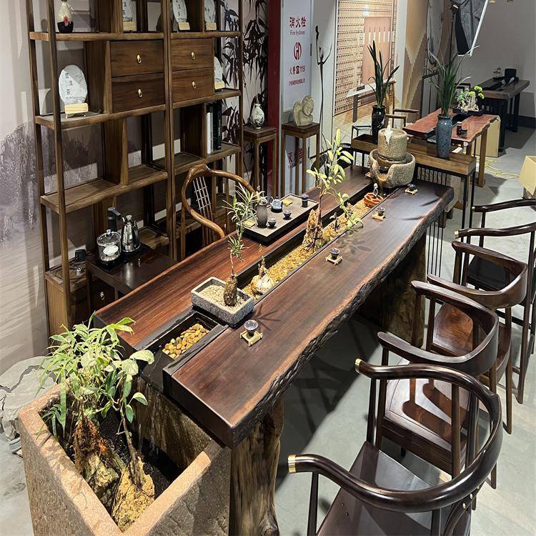 观循流水养鱼茶桌创意#茶台景一体曲水EXH流觞环实木茶桌椅组