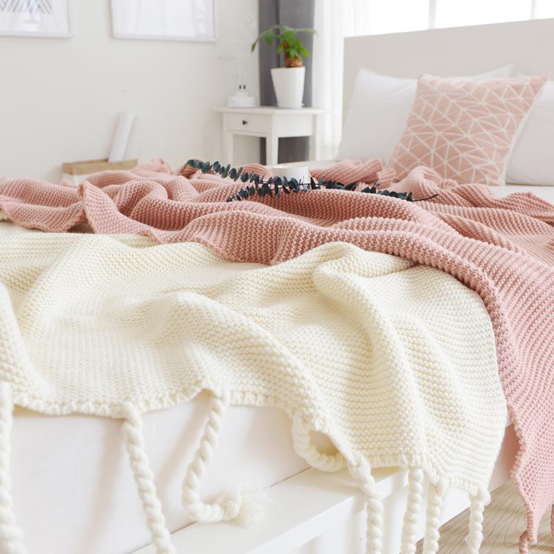 沙照发睡毛SZLS1705毯带流苏针织毯午毯白色粉色针织盖休闲毯拍道