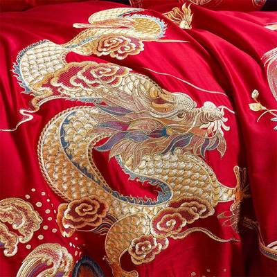 10件0S中式全棉新庆四套结纯棉婚大红色TMM-2025龙凤刺绣喜被婚礼
