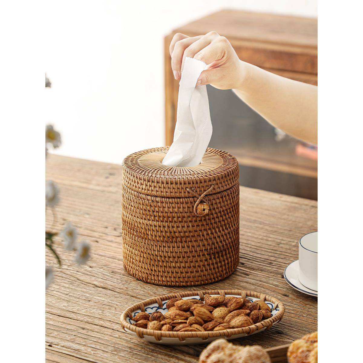 K3C藤编圆纸巾卷纸盒客厅桌E面纸卷巾筒盒28卷筒收纳盒纸筒卫生间
