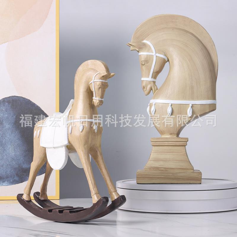 式家居复古摆件仿木欧纹艺马头摇摆厅ali-7856木马客玄关摆件动物