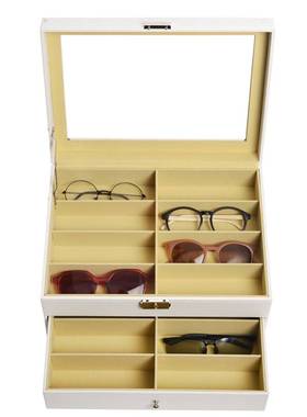 白色pu皮双层木质16格眼镜盒跨境天窗透明太阳眼镜收纳盒厂家现货