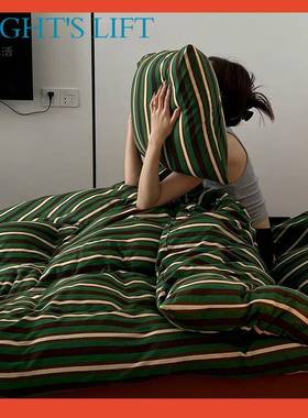 ⊙A复类古蓝色纹针条织棉天竺单棉四件套柔软纯棉床床笠被Fh(h(^l