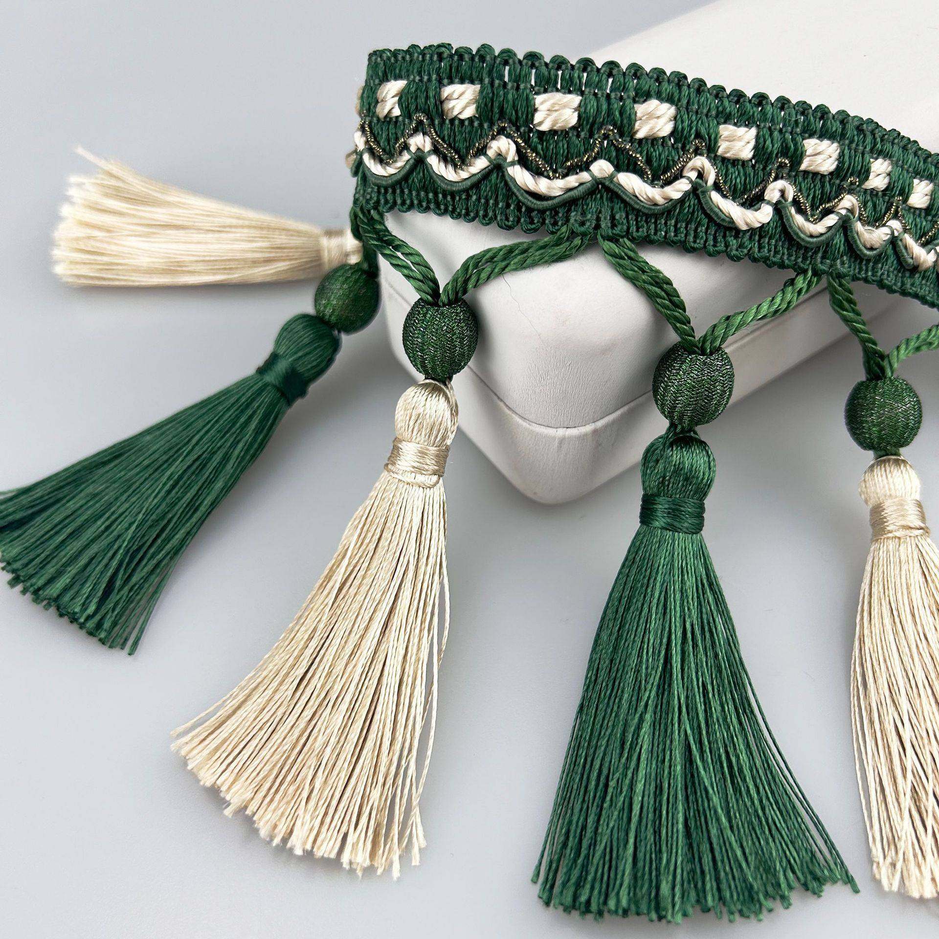 13米一板 新中式高档双色吊穗窗帘流苏绳加密帘头花边排须