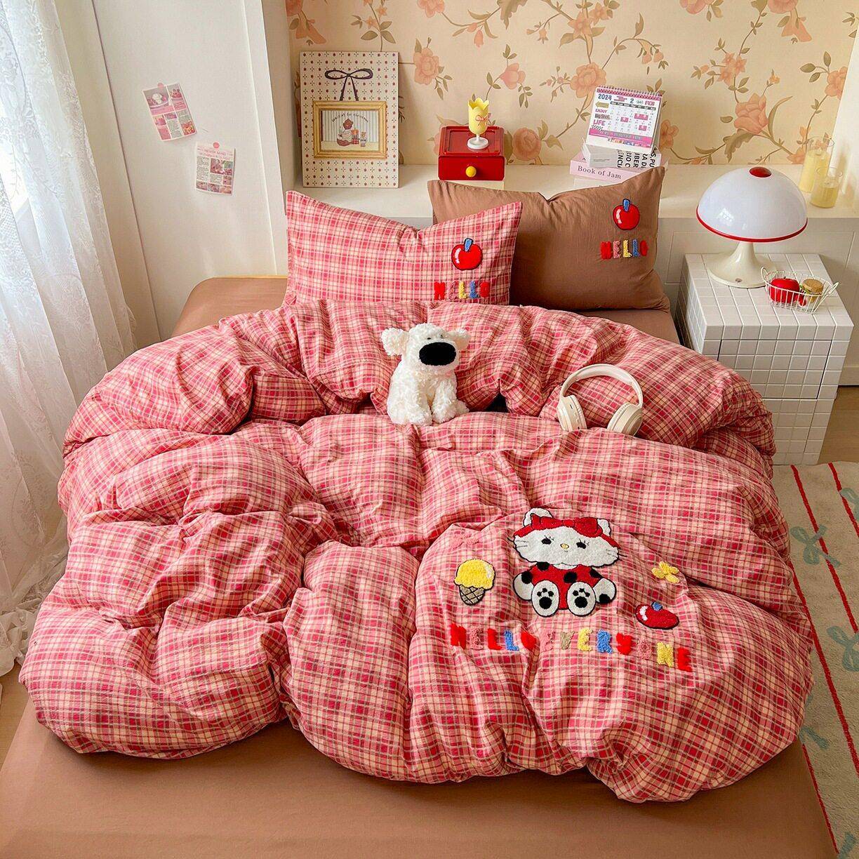 格子卡通1688毛水洗棉巾四件套撞床上用品床被绣套色学生宿舍三件