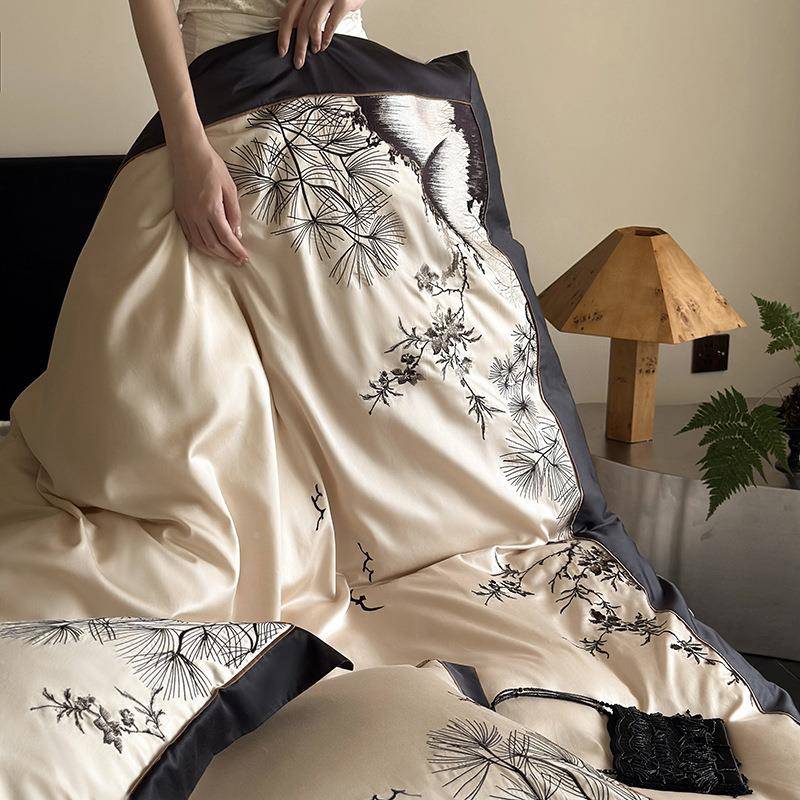 10CGL42-Lb0长纯绒棉刺绣四件套全棉棉轻纯色床单被套风床上奢用