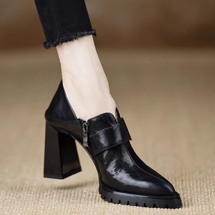 高跟软皮防水台尖头咖啡色小皮鞋 2025年春季 浅口单鞋 手工女鞋 新款