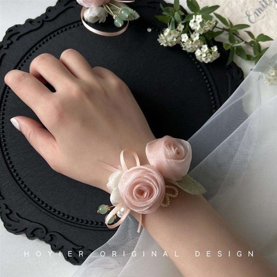新品结婚新娘粉色手腕花伴娘手环珍珠手链新郎伴郎森系胸花胸针